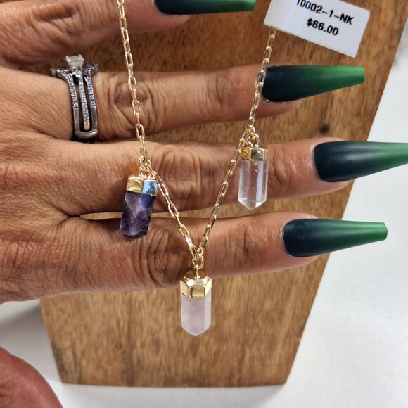 "Paradise" Genuine Rose Quartz, Amethyst, and Quartz Point Necklace - Picture 2 of 3